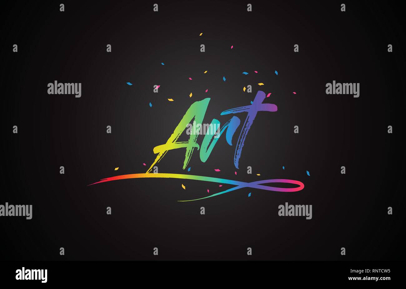 L'arte parola di testo scritto a mano con arcobaleno di colori brillanti e coriandoli illustrazione vettoriale. Illustrazione Vettoriale