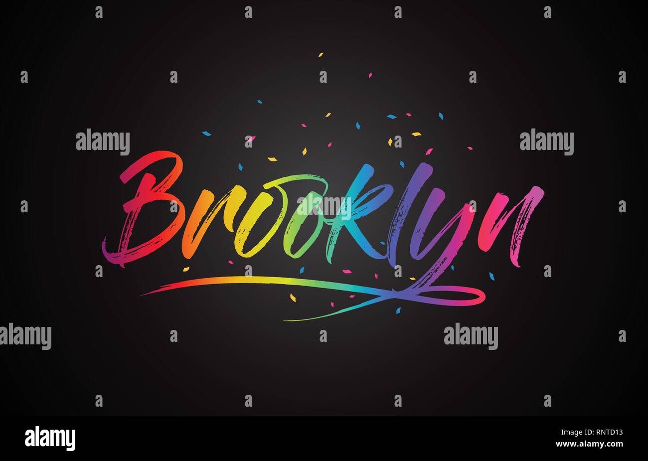 Brooklyn parola di testo scritto a mano con arcobaleno di colori brillanti e coriandoli illustrazione vettoriale. Illustrazione Vettoriale