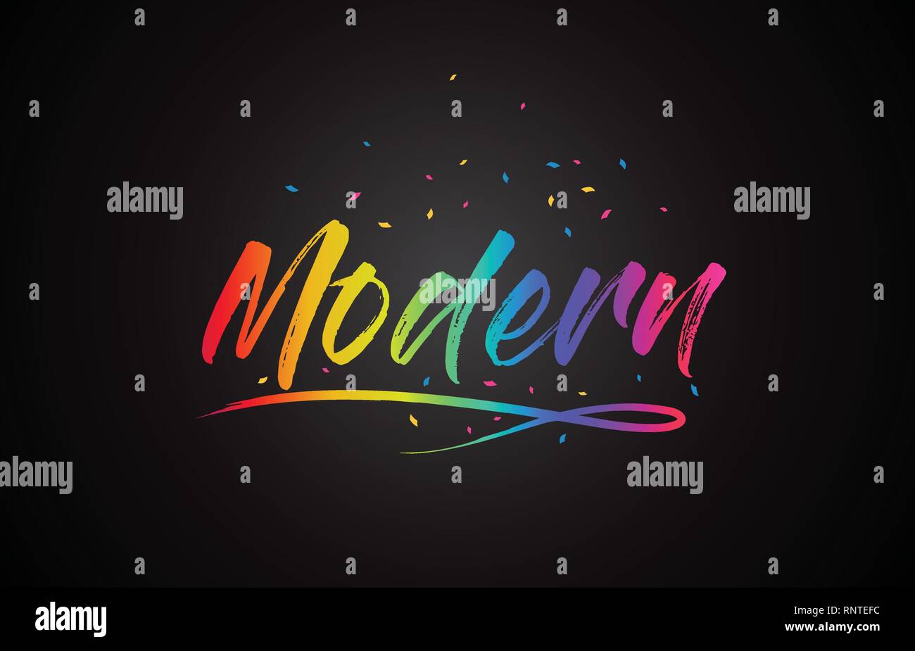 Moderna parola di testo scritto a mano con arcobaleno di colori brillanti e coriandoli illustrazione vettoriale. Illustrazione Vettoriale