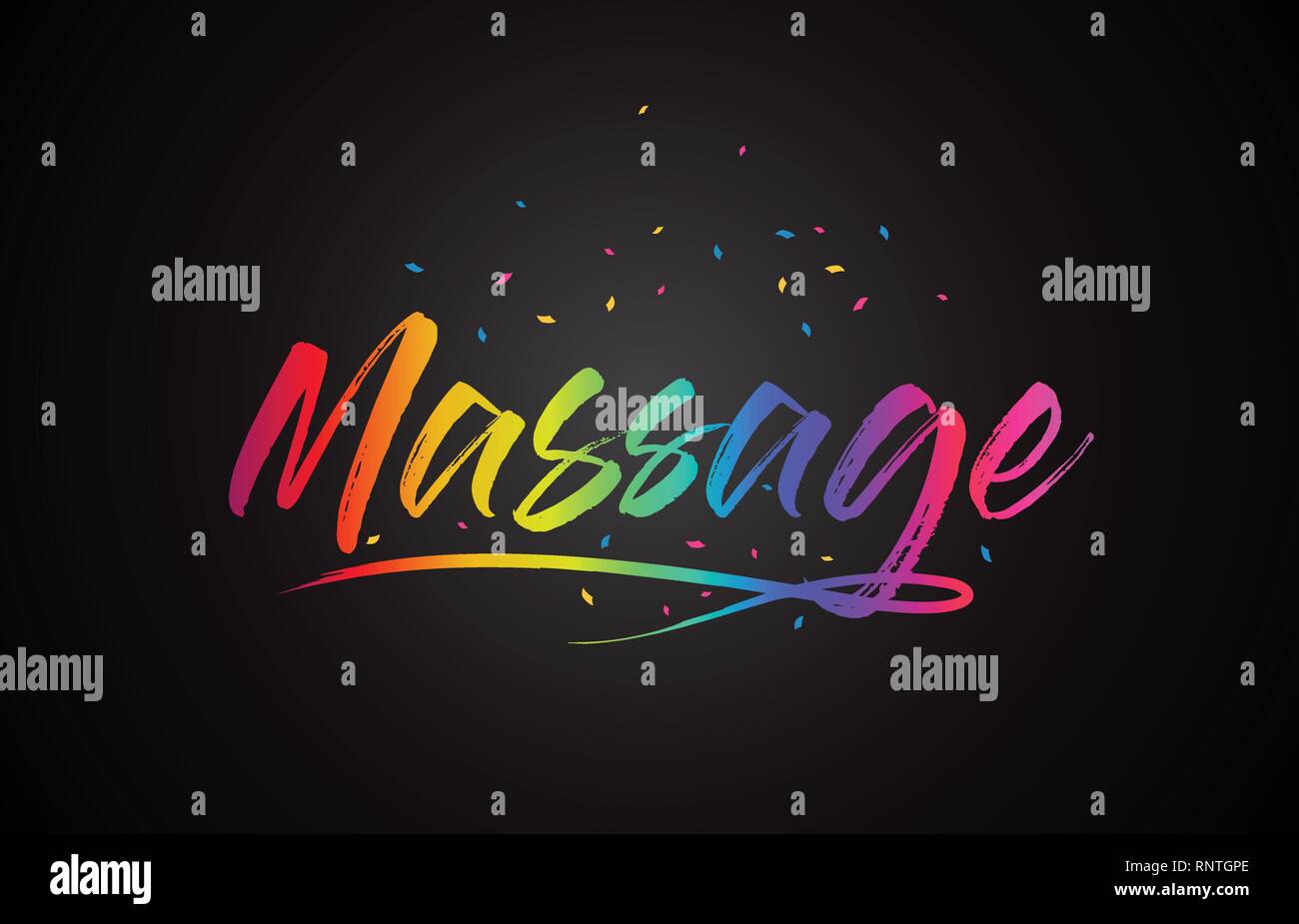 Massaggi parola di testo scritto a mano con arcobaleno di colori brillanti e coriandoli illustrazione vettoriale. Illustrazione Vettoriale