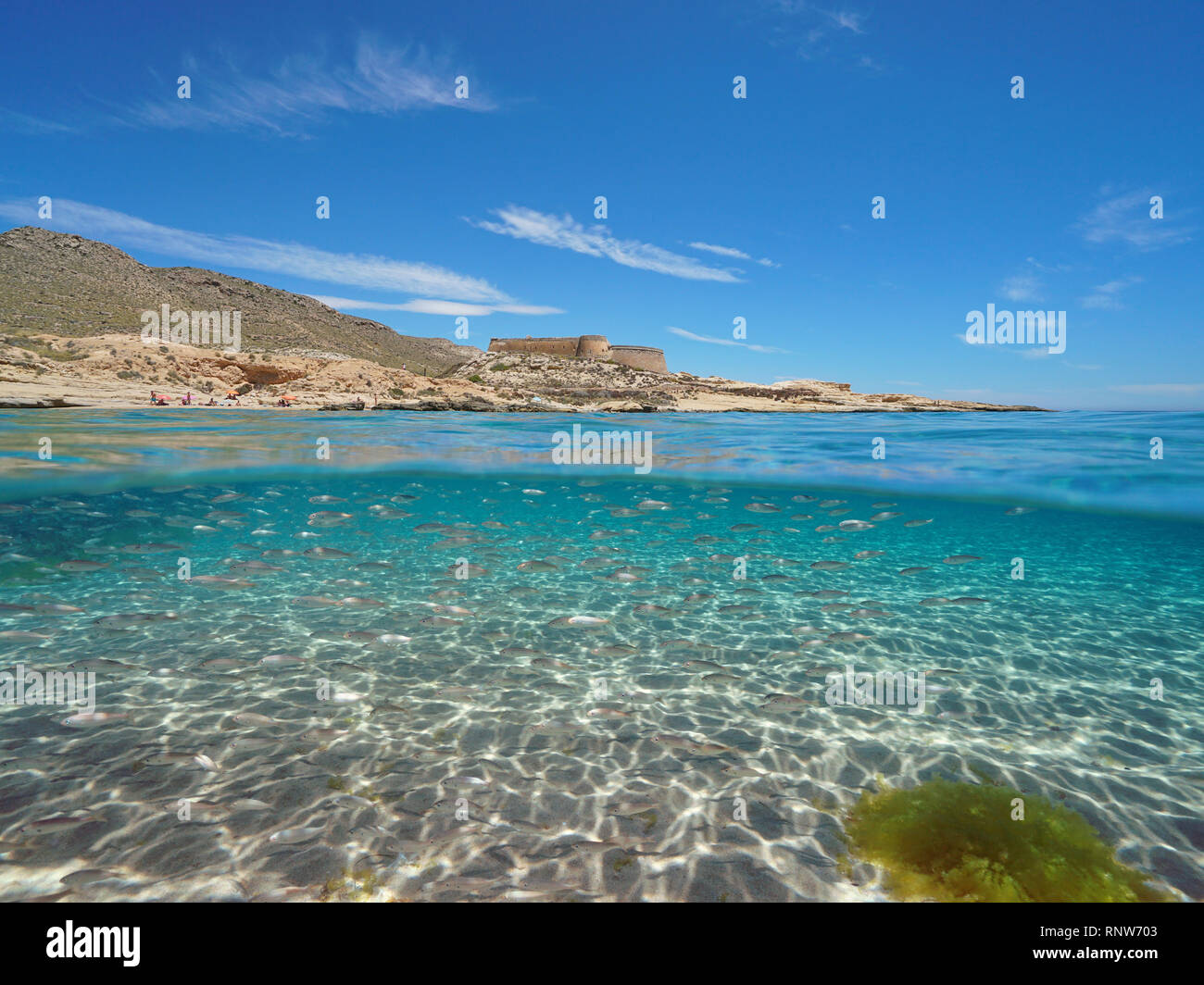 Spagna costa Mediterranea con un castello e una scuola di pesce (boga) con sabbia di mare sottomarino, El Playazo Rodalquilar de, Almeria, Andalusia, vista suddivisa Foto Stock
