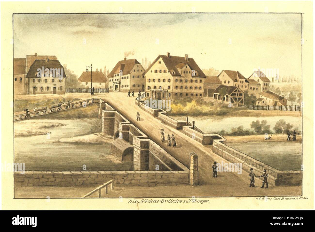 CF Baumann - Die Neckarbrücke zu Tübingen, Zeichn 1835. Foto Stock