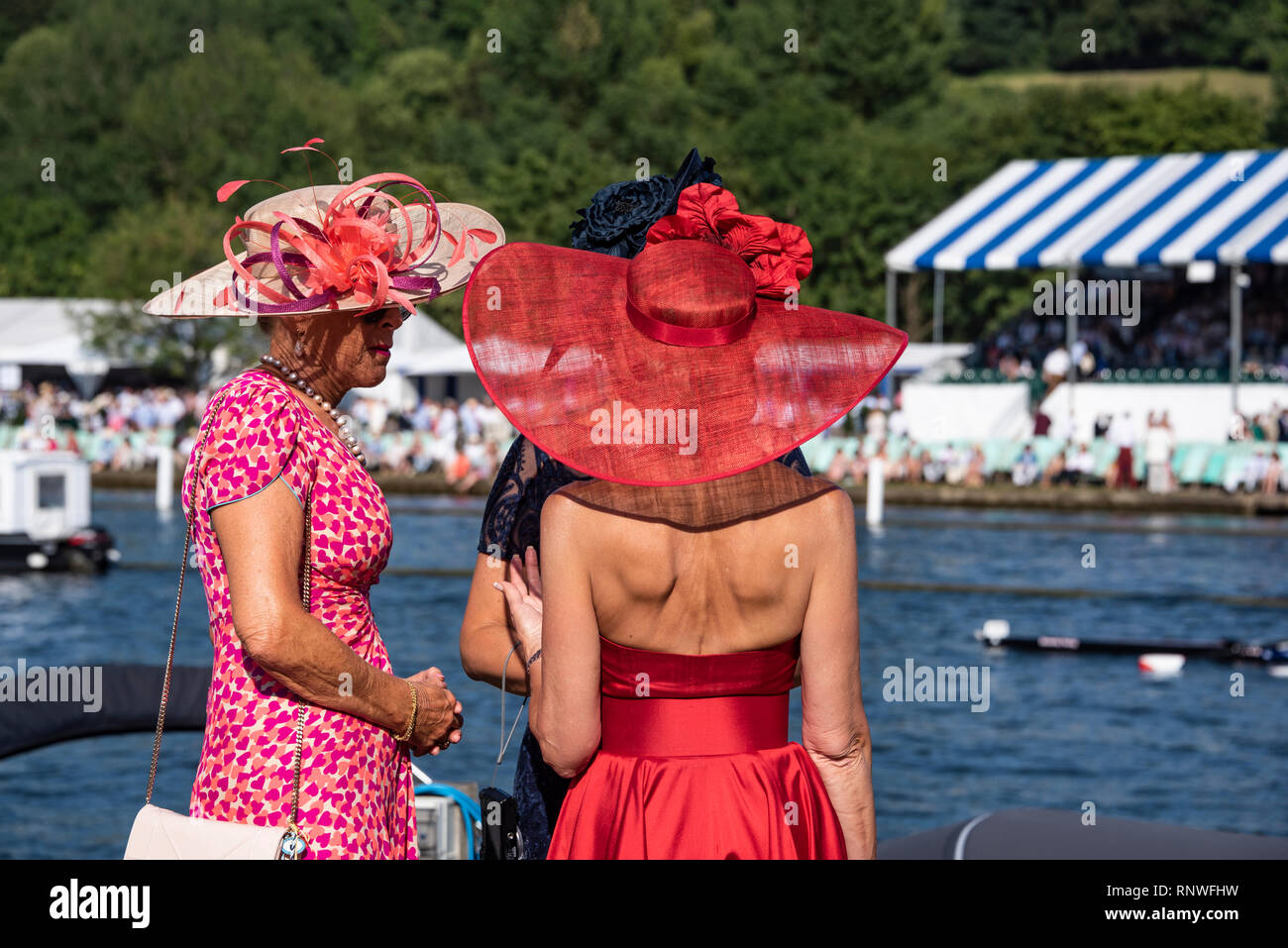 Onorevoli colleghe che frequentano Henley Regatta a Phyllis Corte Club, Henley on Thames, Oxfordshire, Regno Unito Foto Stock