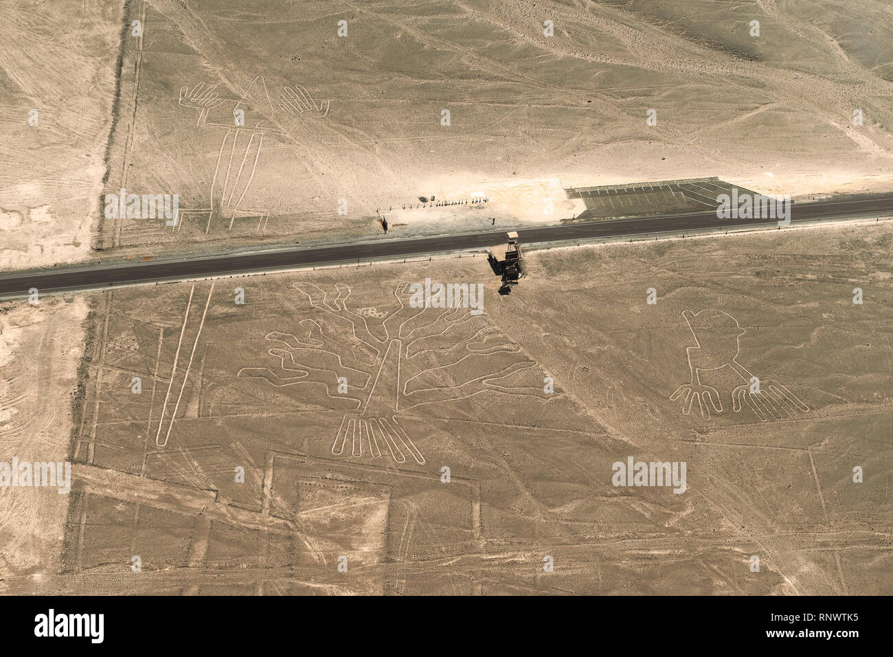 Tre linee di Nazca figure (mano, albero, iguana) vicino a la Panamericana road e la torre di osservazione visto dal di sopra nel deserto, Nazca, Perù. Foto Stock