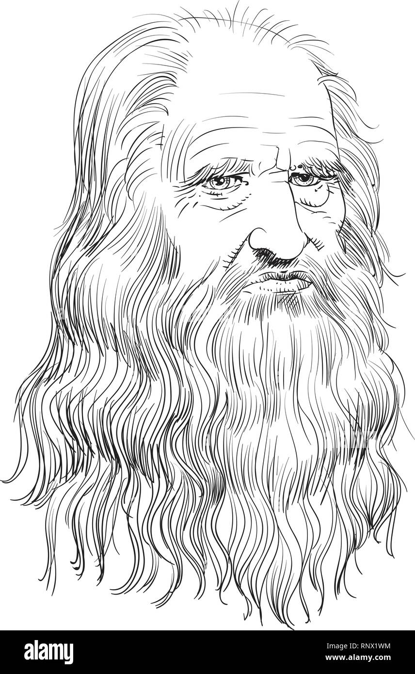 Leonardo Da Vinci ritratto in linea tecnica illustrazione. Illustrazione Vettoriale