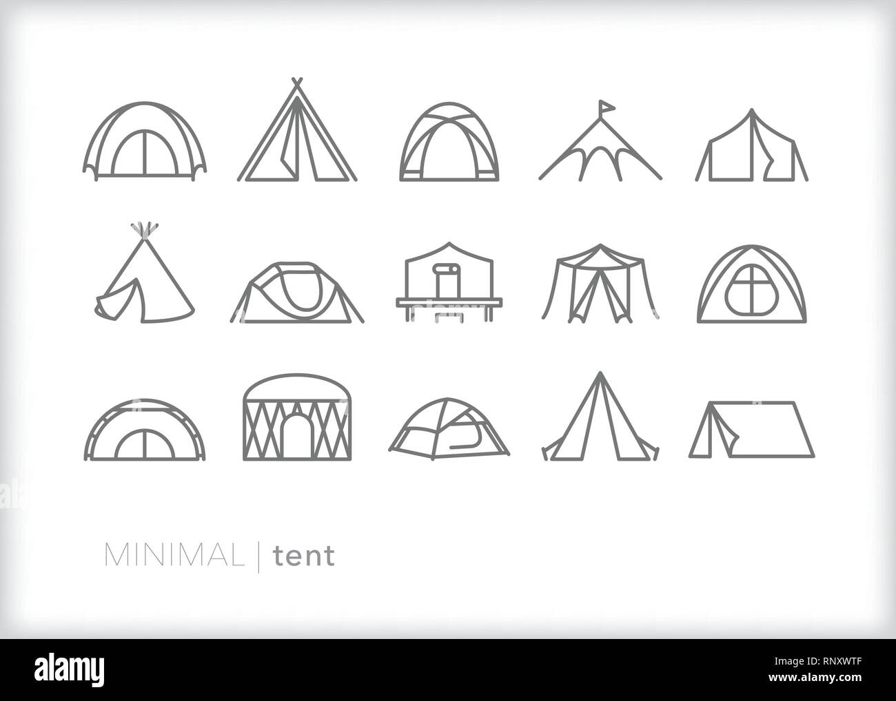 Set di 15 tenda le icone della linea per esterni di campeggio e vivere Illustrazione Vettoriale