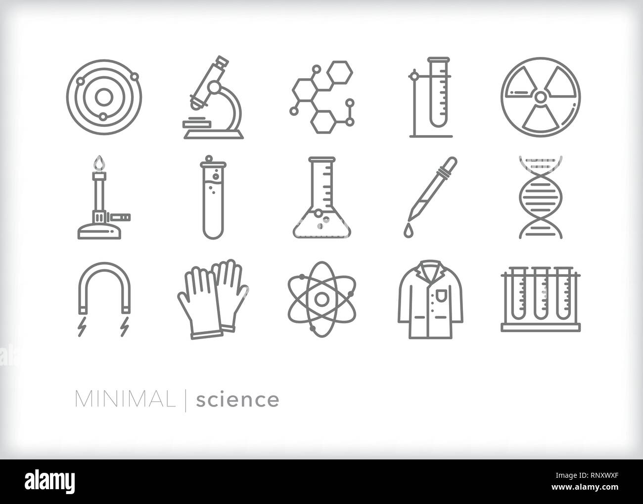 Set di 15 scienze educative le icone della linea per l'insegnamento della fisica, della chimica e della biologia in aula Illustrazione Vettoriale