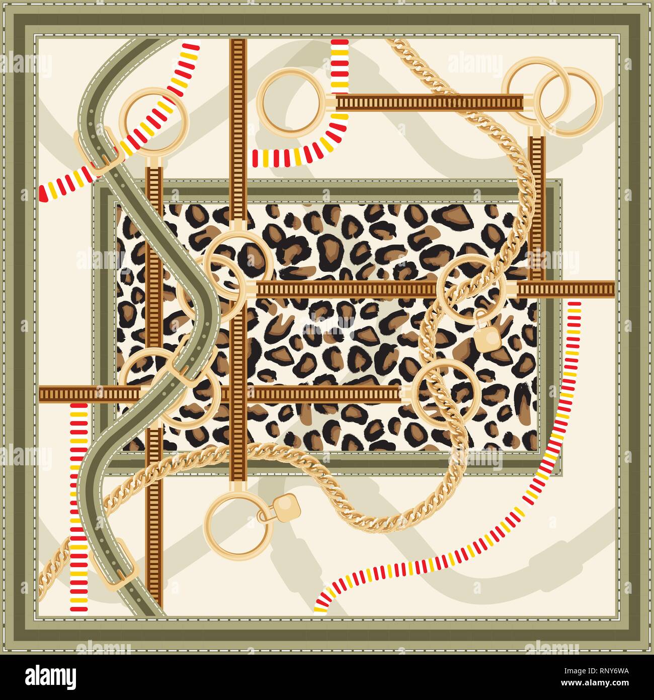 Modello con catena d'oro, cinghie e Leopard Print per il disegno di tessuto. Illustrazione Vettoriale. Foulard di seta Design. Illustrazione Vettoriale