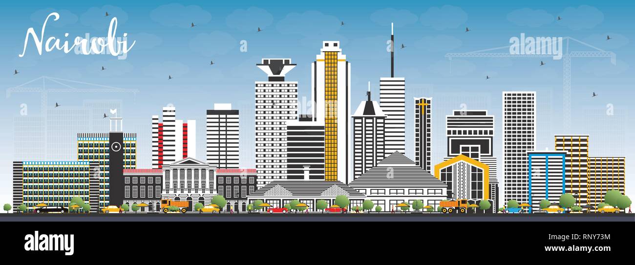 Nairobi Kenya skyline della città con edifici di colore e cielo blu. Illustrazione Vettoriale. Viaggi di lavoro e di concetto con architettura moderna. Illustrazione Vettoriale