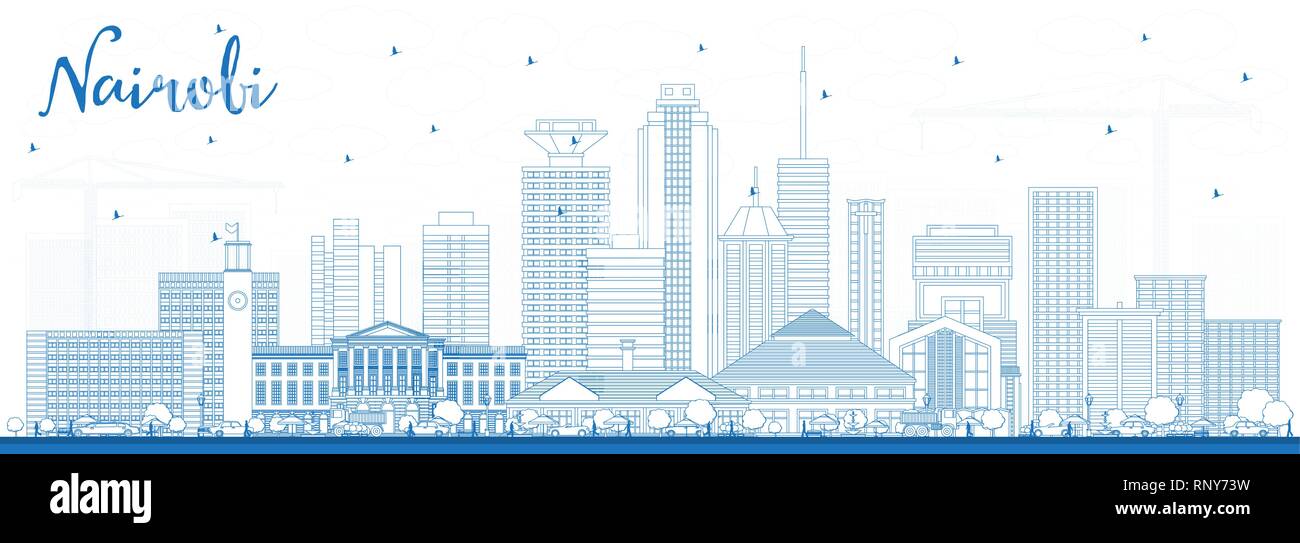Delineare Nairobi Kenya skyline della città con edifici di colore blu. Illustrazione Vettoriale. Viaggi di lavoro e di concetto con architettura moderna. Illustrazione Vettoriale