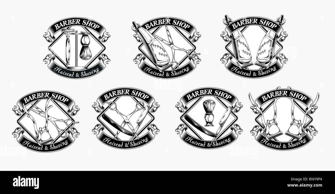 Set di barberia vintage emblemi, Etichette, scudetti, loghi. Layered. Isolato su sfondo bianco Illustrazione Vettoriale