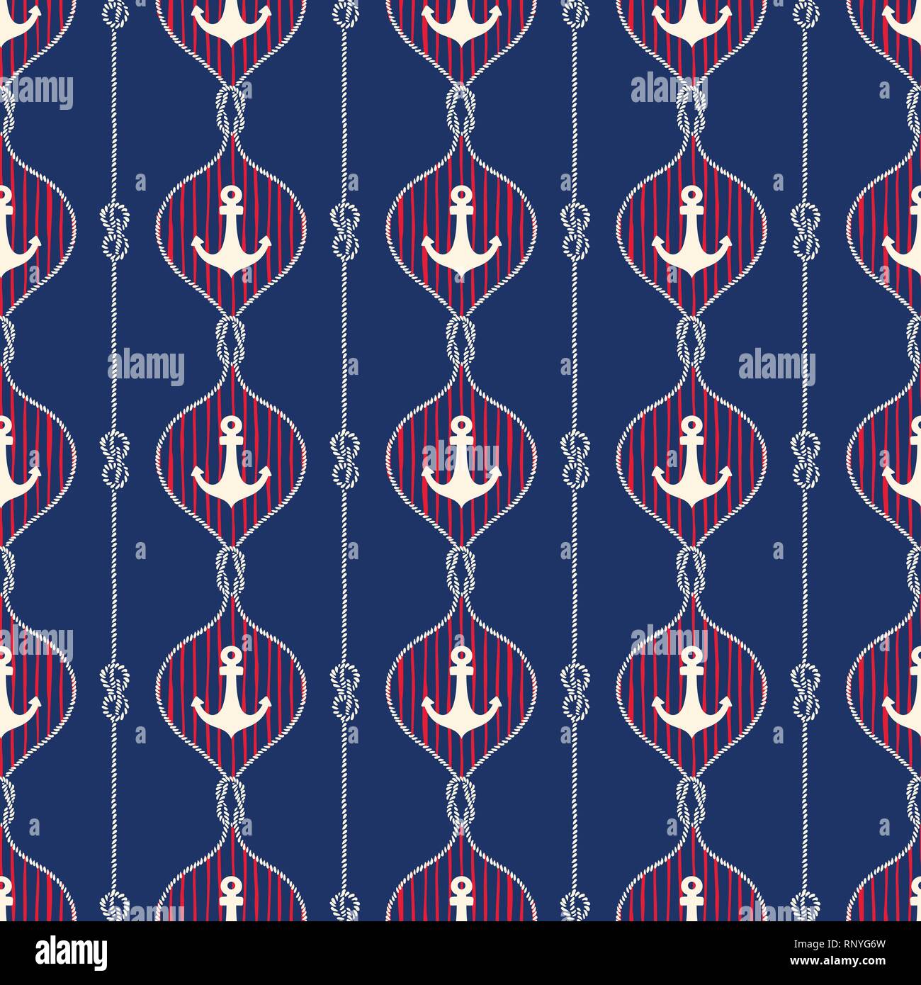Stile retrò Hand-Drawn nautico corda vettore Ogee Seamless Pattern con ancore, strisce, Zeppelin piegare e Reef nodo. Nero e rosso strisce Marino Bac Illustrazione Vettoriale