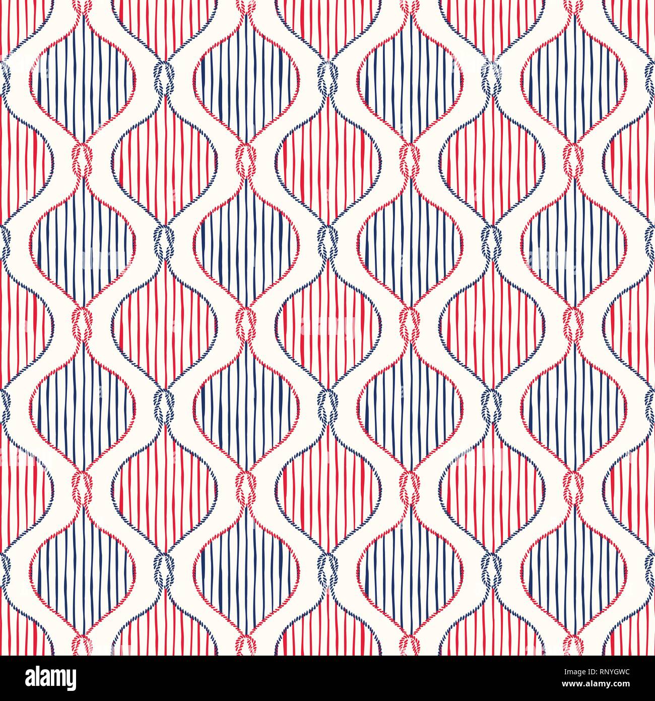 Stile retrò Hand-Drawn nautico corda vettore Ogee Seamless Pattern con ancore, strisce, Zeppelin piegare e Reef nodo. Nero e rosso strisce Marino Bac Illustrazione Vettoriale