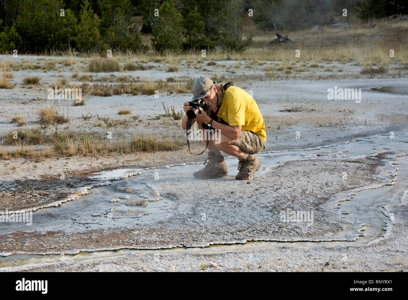 WY03826-00...WYOMING - Tom Kirkendall fotografare i modelli creati dall'agglomerato a bulbo lungo un runoff creek da una primavera calda presso il rustico Gr Foto Stock
