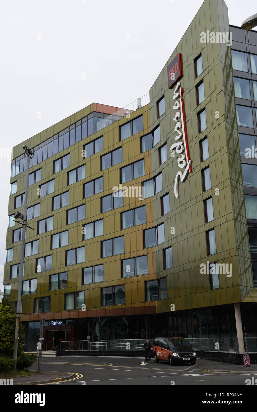Radisson Hotel rossa, Glasgow, Scotland, Regno Unito. Situata sul fiume Clyde accanto al SECC. Foto Stock