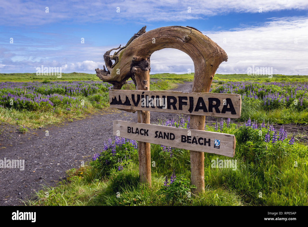 Spiaggia di sabbia nera di Vik ho Myrdal villaggio in Islanda Foto Stock