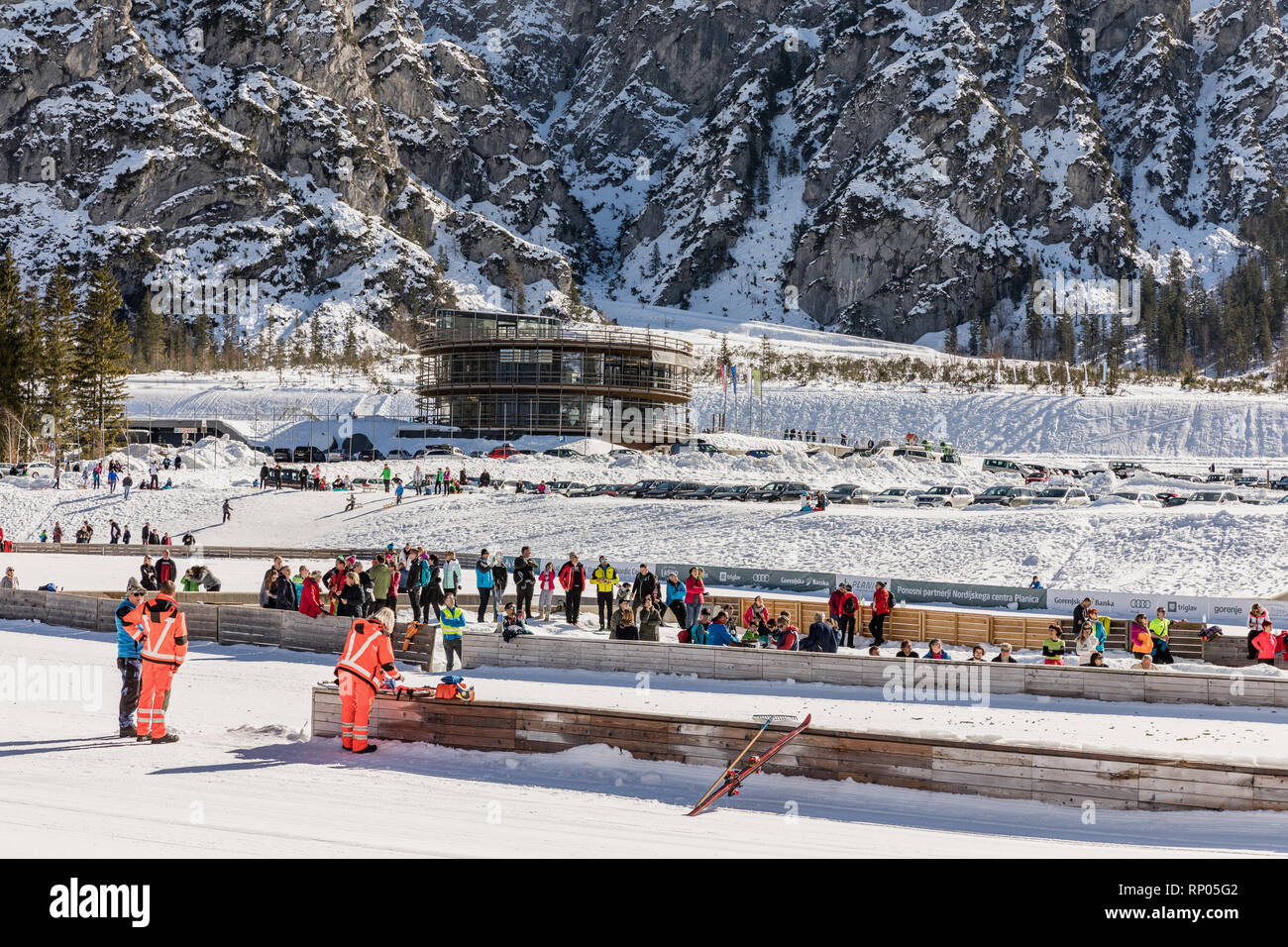 Planica, Slovenia - 17 febbraio 2019. Museo di Planica Planica nel complesso di salto con gli sci sulle colline. Planica è famosa ski jumping venue con battenti la collina di andare Foto Stock