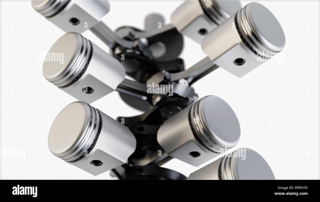 Pistone e albero a gomiti su uno sfondo bianco. Il motore V8. Il rendering 3D. Foto Stock
