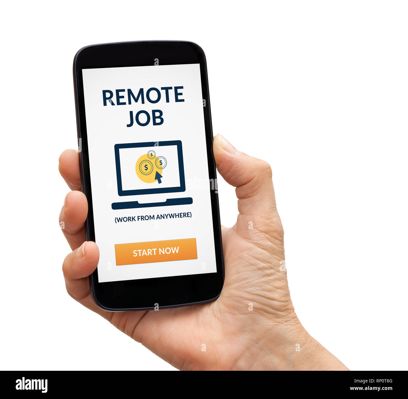 Mano che tiene un nero smart phone con remote job concetto sullo schermo. Isolato su sfondo bianco. Tutti i contenuti della schermata è progettato da me. Foto Stock