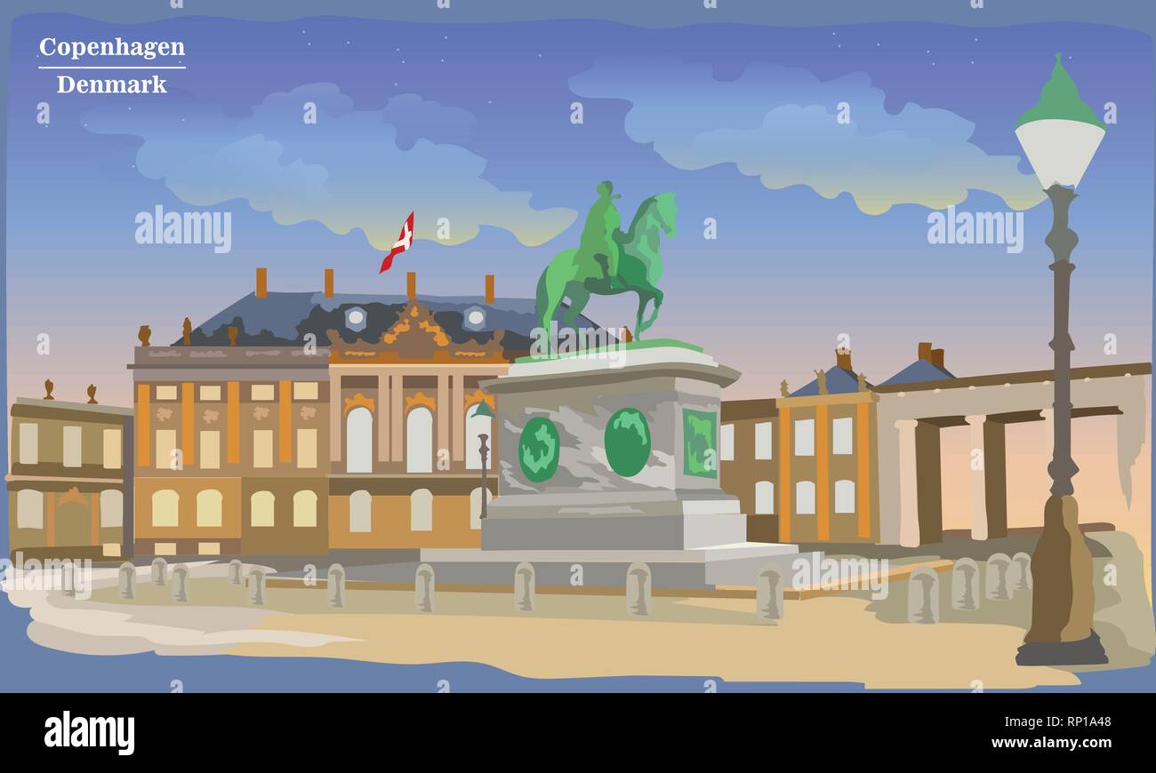 Paesaggio con Piazza Amalienborg di Copenaghen, Danimarca. Punto di riferimento internazionale della Danimarca. Colorata illustrazione vettoriale. Illustrazione Vettoriale