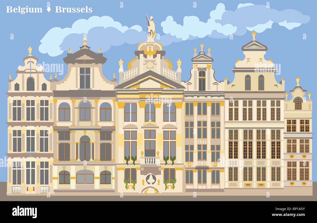 Paesaggio con la Grand Place di Bruxelles in Belgio. Punto di riferimento internazionale del Belgio. Colorata illustrazione vettoriale. Illustrazione Vettoriale