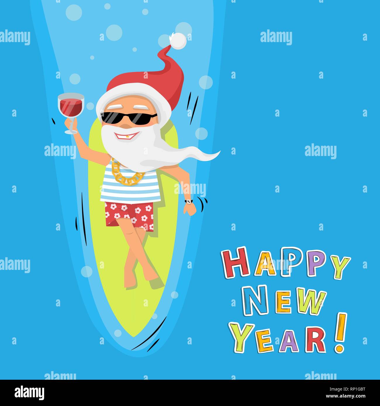 Santa Claus resto sulla tavola da surf sul mare con cocktail e occhiali da sole Illustrazione Vettoriale