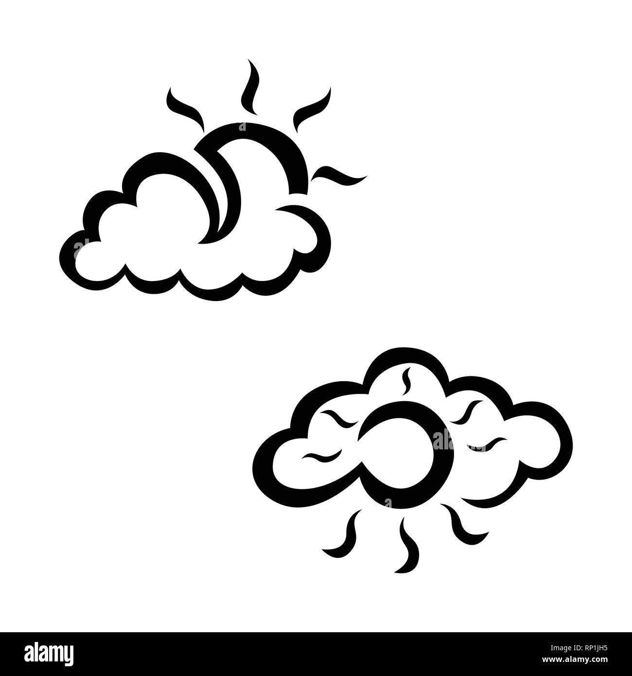 Nuvoloso e soleggiato Disegna icona set. Disegnata a mano meteo icon set. Meteo vector icon set. Meteo icon set isolato su sfondo bianco Illustrazione Vettoriale