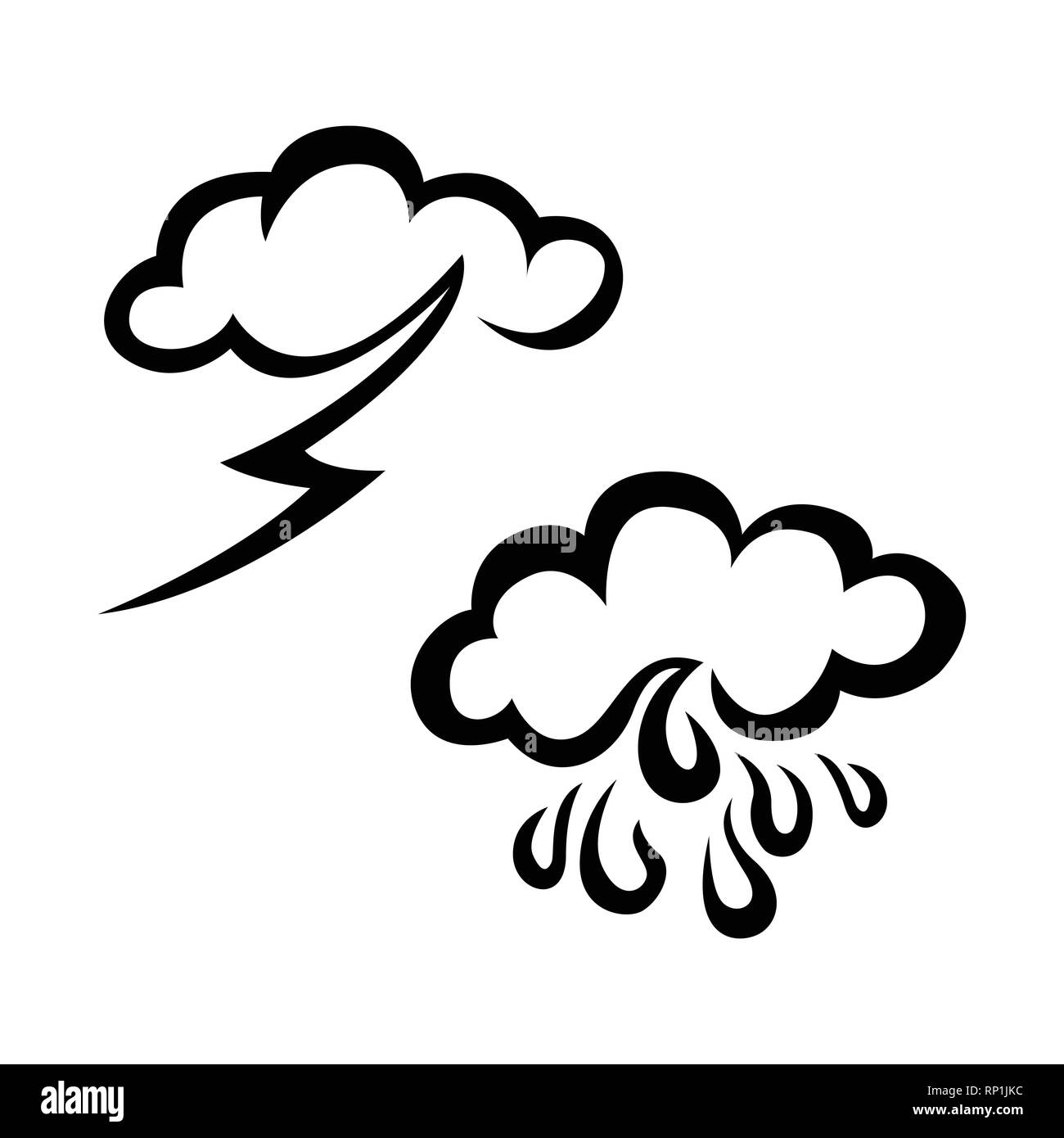 Piove e storming meteo Disegna icona set. Disegnata a mano meteo icon set. Meteo vector icon set. Meteo icon set isolato su sfondo bianco Illustrazione Vettoriale