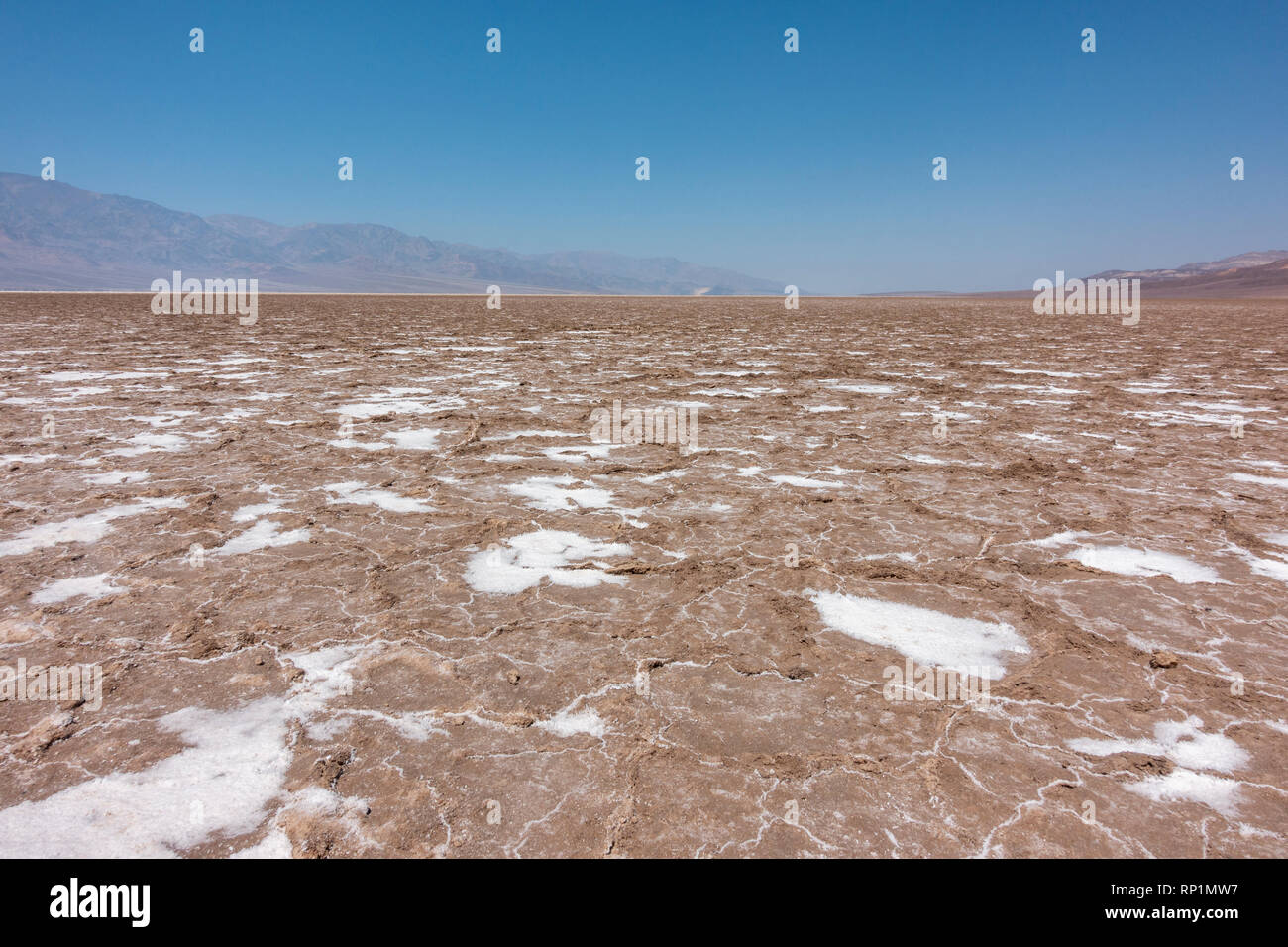 Vista attraverso la esagonale di crosta di sale sul bacino Badwater, Parco Nazionale della Valle della Morte, California, Stati Uniti. Foto Stock