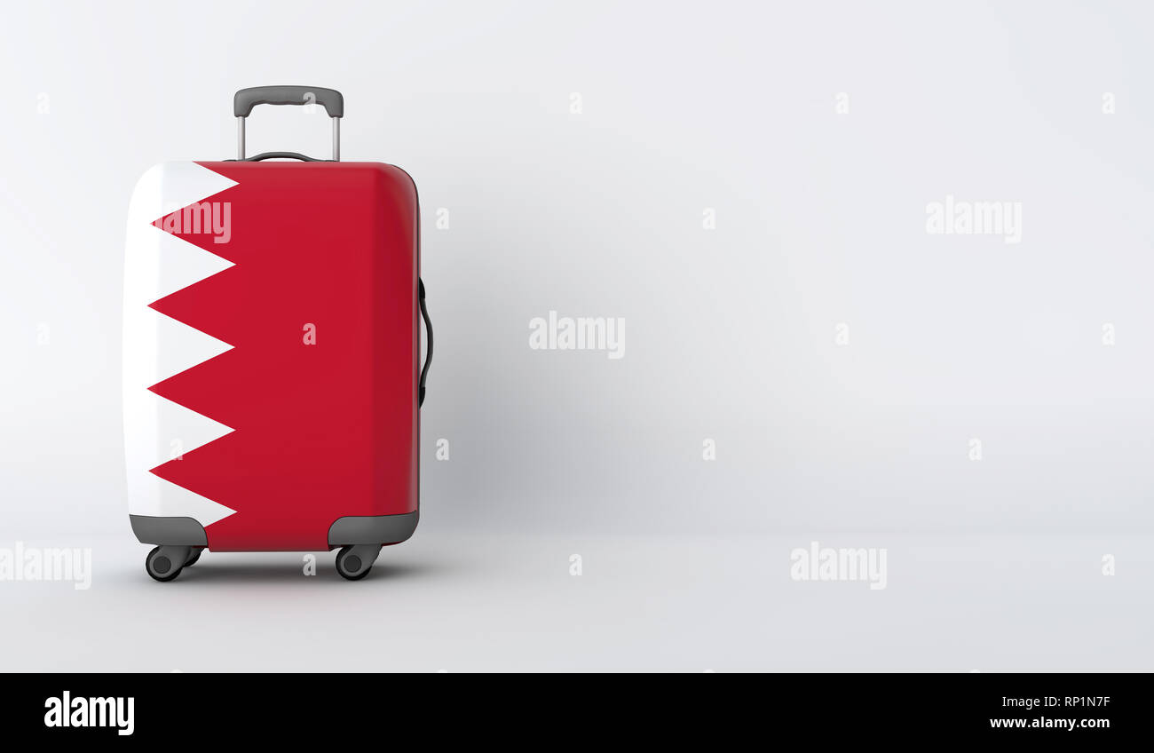 Valigetta da viaggio con la bandiera del Bahrain. Destinazione di vacanza. 3D Render Foto Stock