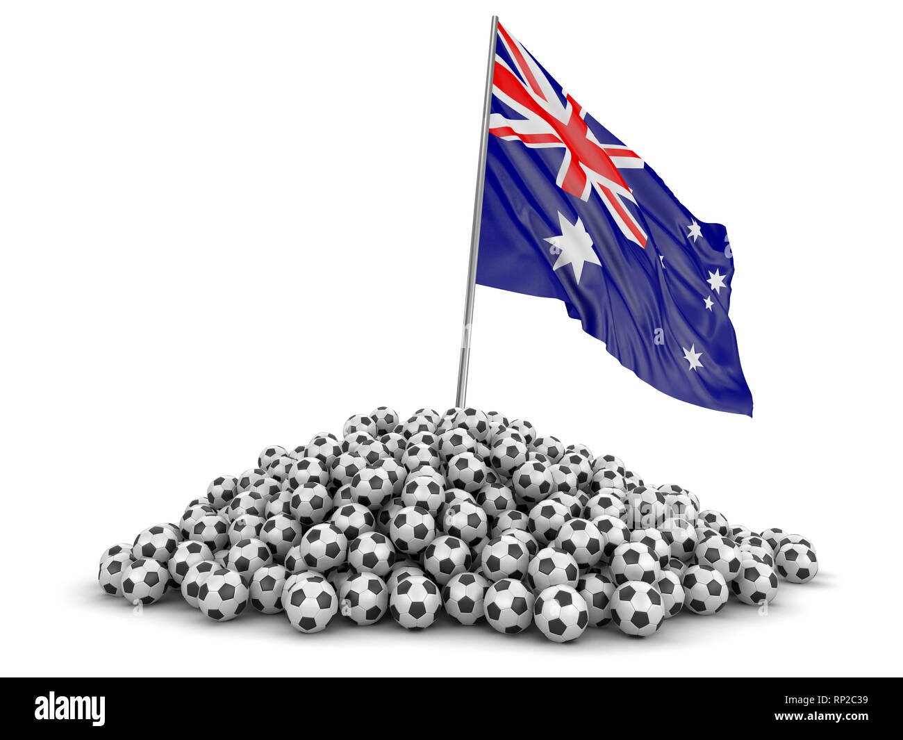 Pila di palloni da calcio e bandiera. Immagine con tracciato di ritaglio Foto Stock