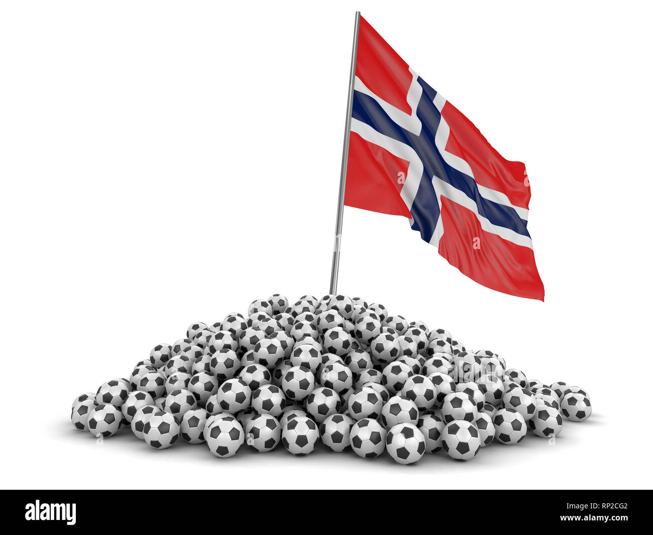 Pila di palloni da calcio e bandiera. Immagine con tracciato di ritaglio Foto Stock
