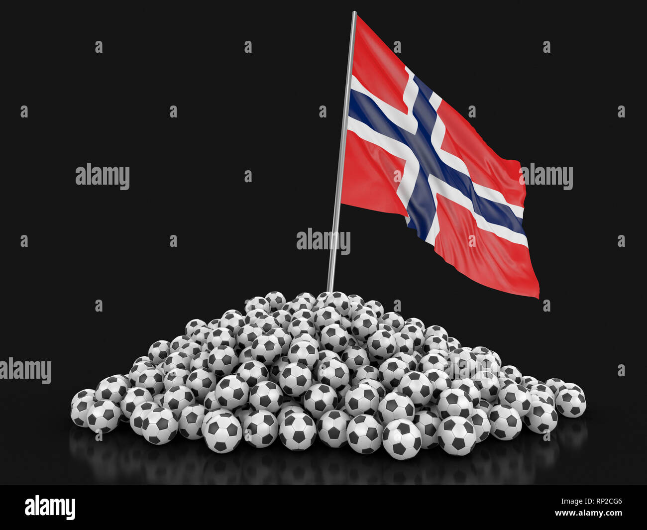 Pila di palloni da calcio e bandiera. Immagine con tracciato di ritaglio Foto Stock