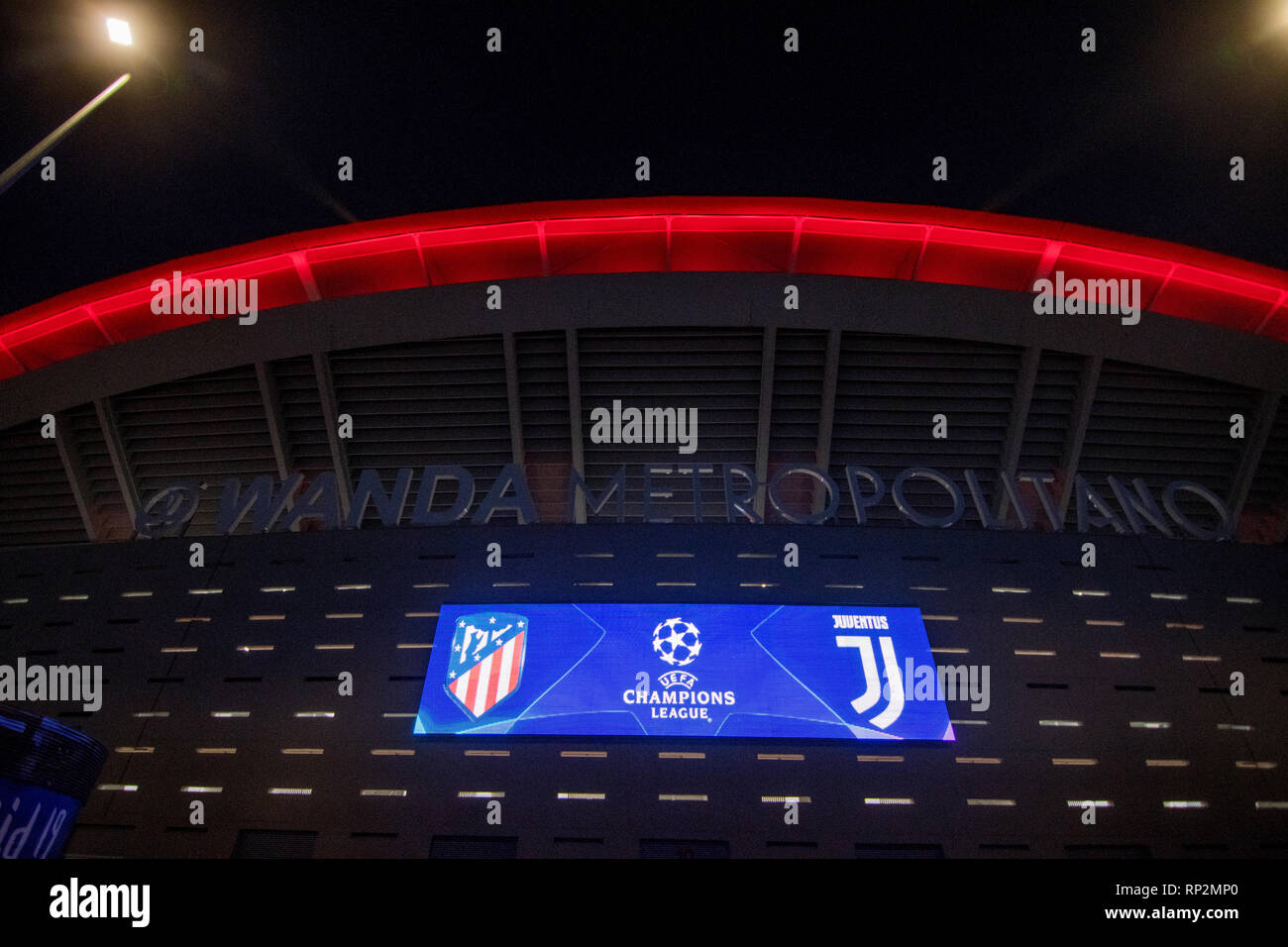 Madrid, Spagna. Xx Febbraio 2019. Wanda Metropolitano Stadium prima dell' inizio della partita di calcio di primo gambe del round di 16 della UEFA Champions League tra Atletico de Madrid e la Juventus FC a Wanda Metropolitano Stadium il 20 febbraio 2019 a Madrid, Spagna. Credito: David Gato/Alamy Live News Foto Stock
