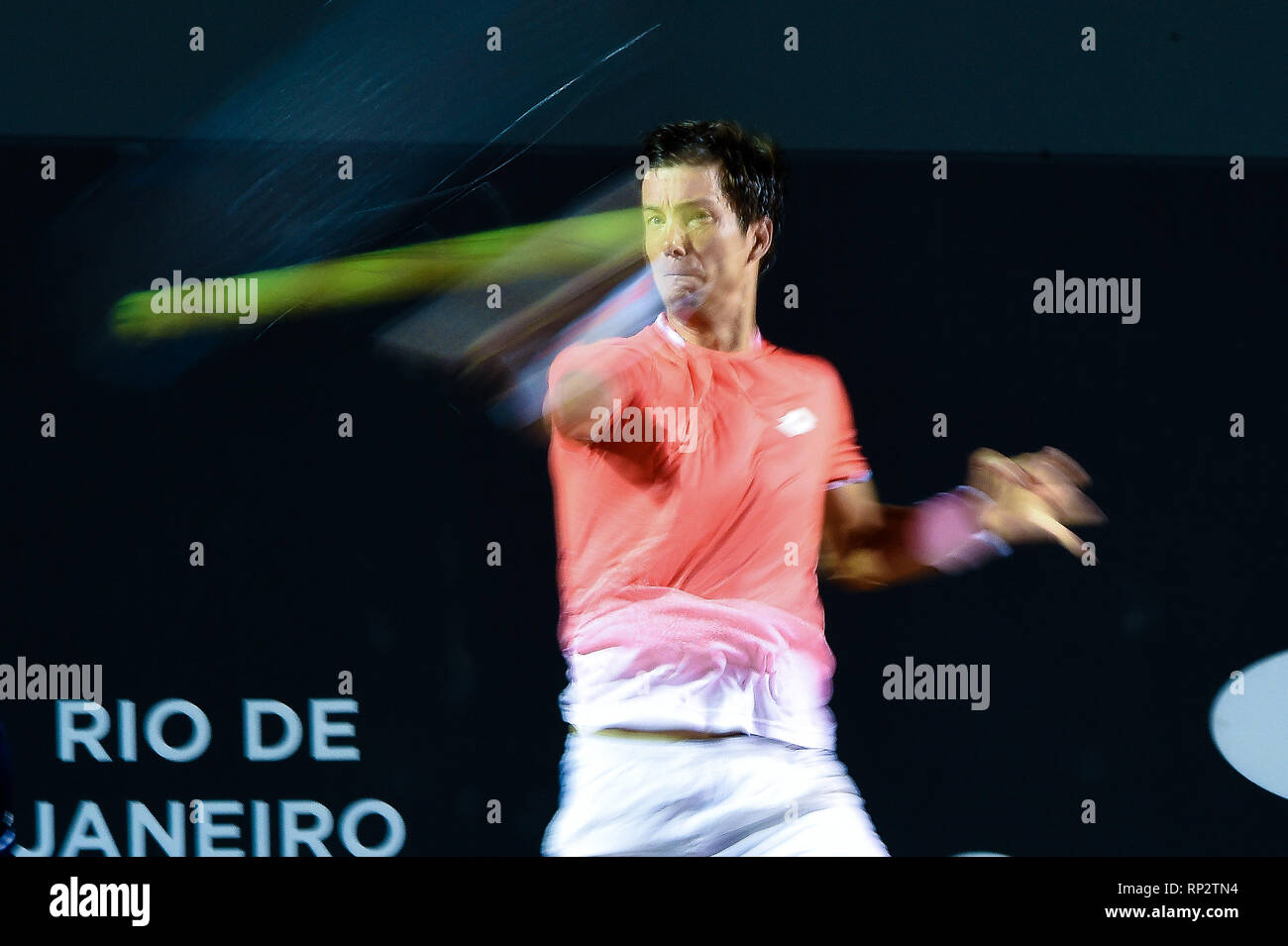 Rio De Janeiro, Brasile. Xx Febbraio 2019. Rio Open 2019 - sloveno giocatore di tennis Aljaz Bedene durante il match contro il giocatore brasiliano Thiago Monteiro a Open Rio 2019, ATP 500 stadio del tennis mondiale circuito, tenutosi presso il Jockey Club Brasileiro, dove le gare che si svolgono tra il XVI e il 24 di febbraio. Foto: Thiago Ribeiro/AGIF Credito: AGIF/Alamy Live News Foto Stock