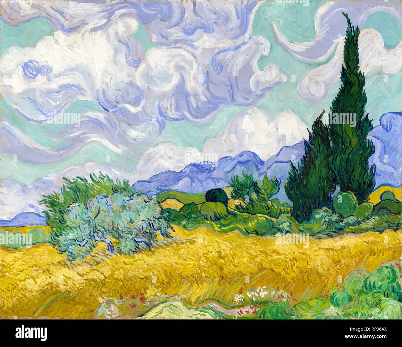 Campo di grano con cipressi, Vincent Van Gogh, 1889, Post Impressionista pittura Foto Stock