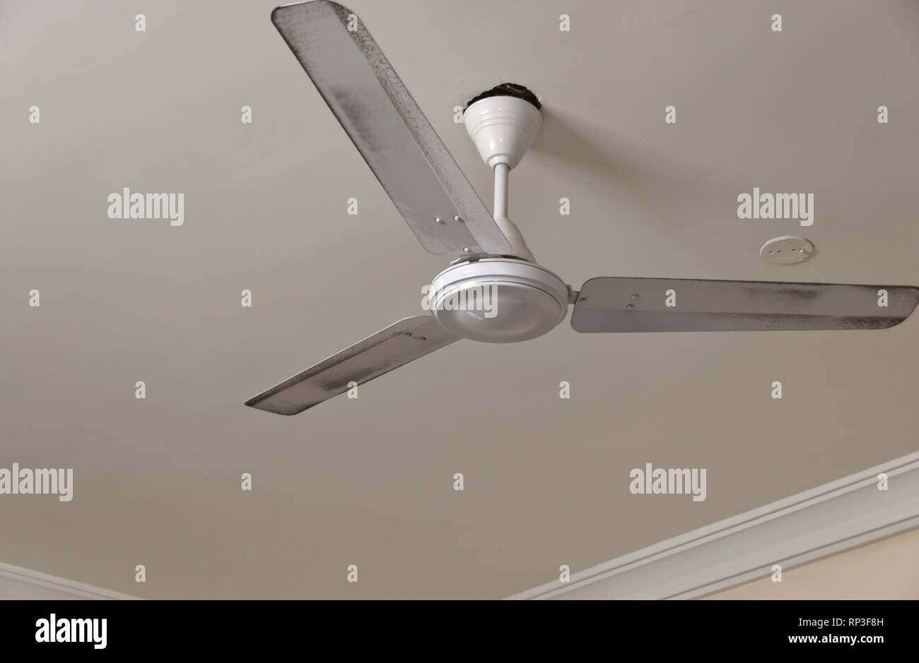 Pale del ventilatore a soffitto coperto di sporcizia e sudiciume in un altrimenti la camera pulita. Punti di scarsa qualità dell'aria indoor nei paesi in via di sviluppo come l'India. Foto Stock