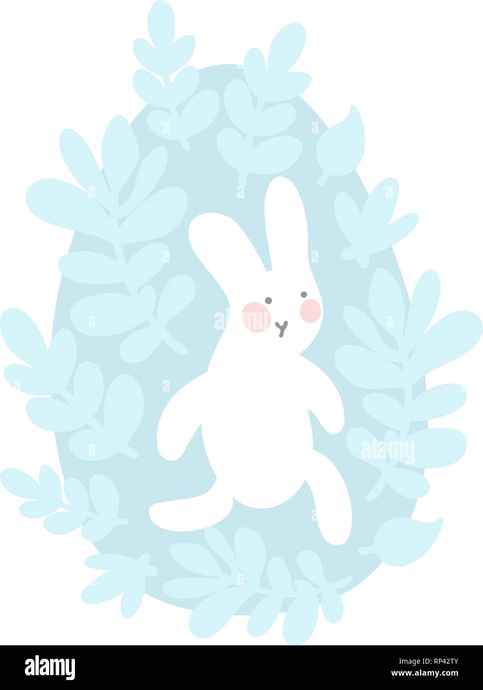 Cartoon coniglietto di Pasqua e carino pulcino uovo con foglie e rami. Pasqua vivaio o illustrazione vettoriale. Grigio chiaro e blu colori pastello. Illustrazione Vettoriale