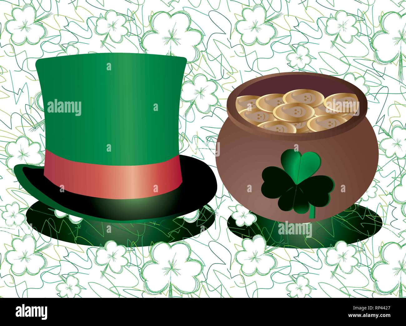 Sfondo per il giorno di San Patrizio con decorazione verde top hat e pot con leprechaun gold su mano sfondo disegnato per uso in qualsiasi social network un Illustrazione Vettoriale