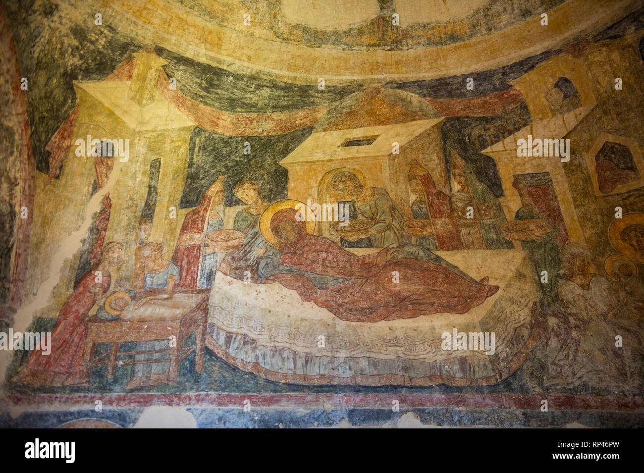 Pittura antica in una chiesa bizantina, la vecchia città di Mistra, del Peloponneso, della Grecia Foto Stock