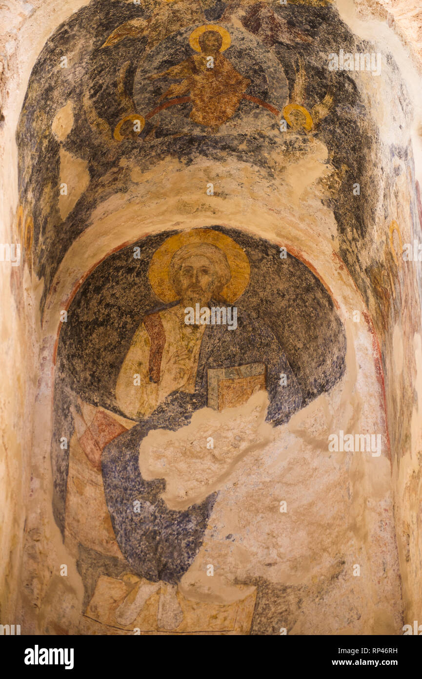 Pittura antica in una chiesa bizantina, la vecchia città di Mistra, del Peloponneso, della Grecia Foto Stock