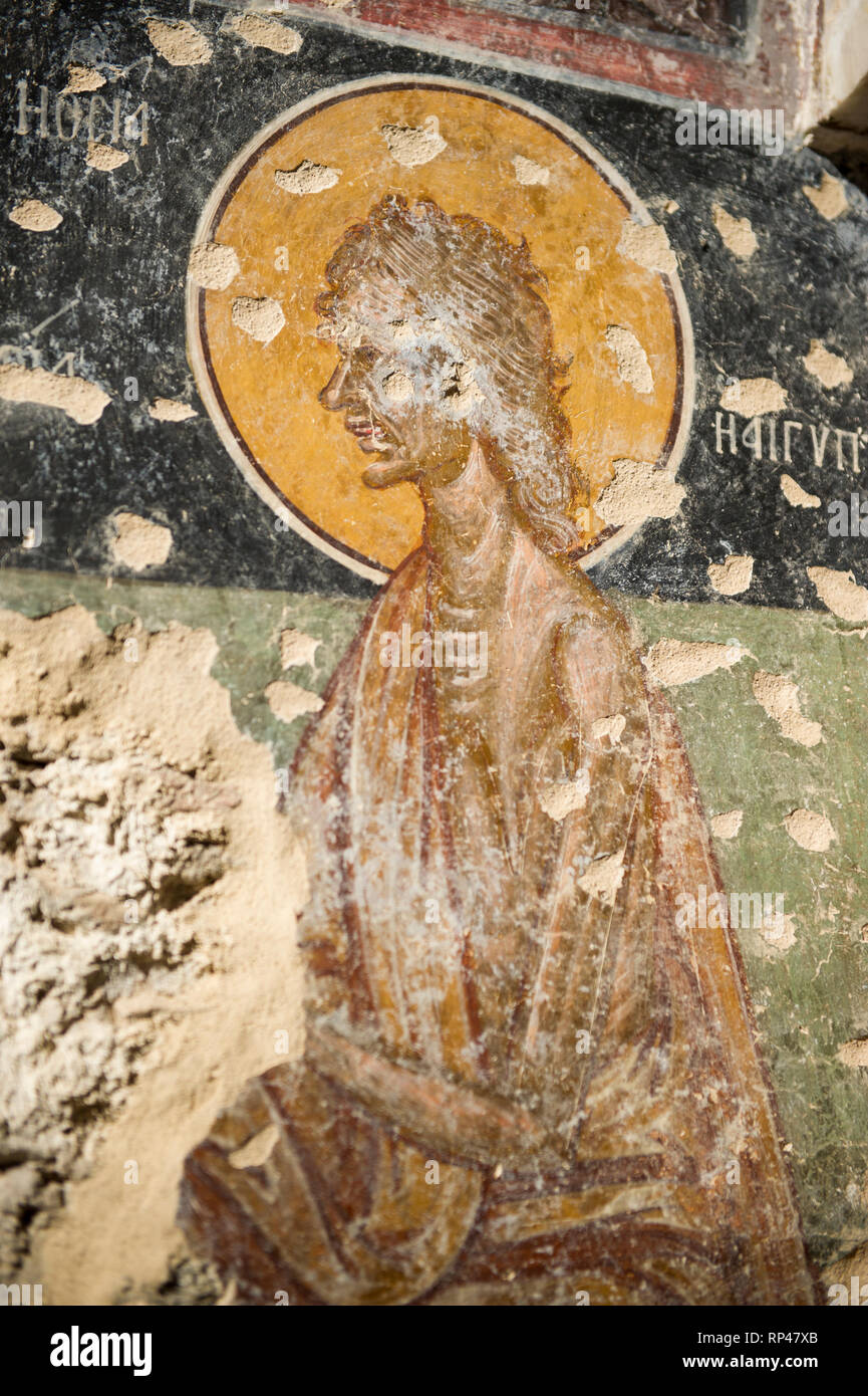 All'interno dipinti di una chiesa bizantina, la vecchia città di Mistra, del Peloponneso, della Grecia Foto Stock