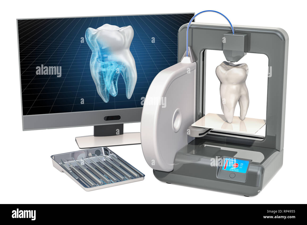 Dente artificiale su tre dimensioni, stampante 3d la stampa in stomatologia  concetto. 3D rendering isolati su sfondo bianco Foto stock - Alamy