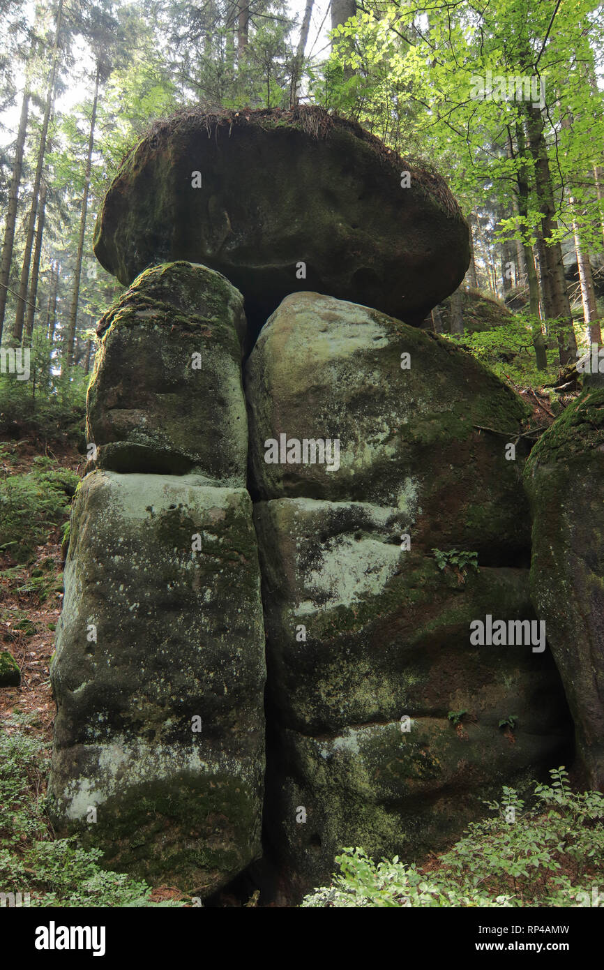 Bizzarre formazioni rocciose, Broumov pareti, PLA Broumovsko, Repubblica Ceca Foto Stock