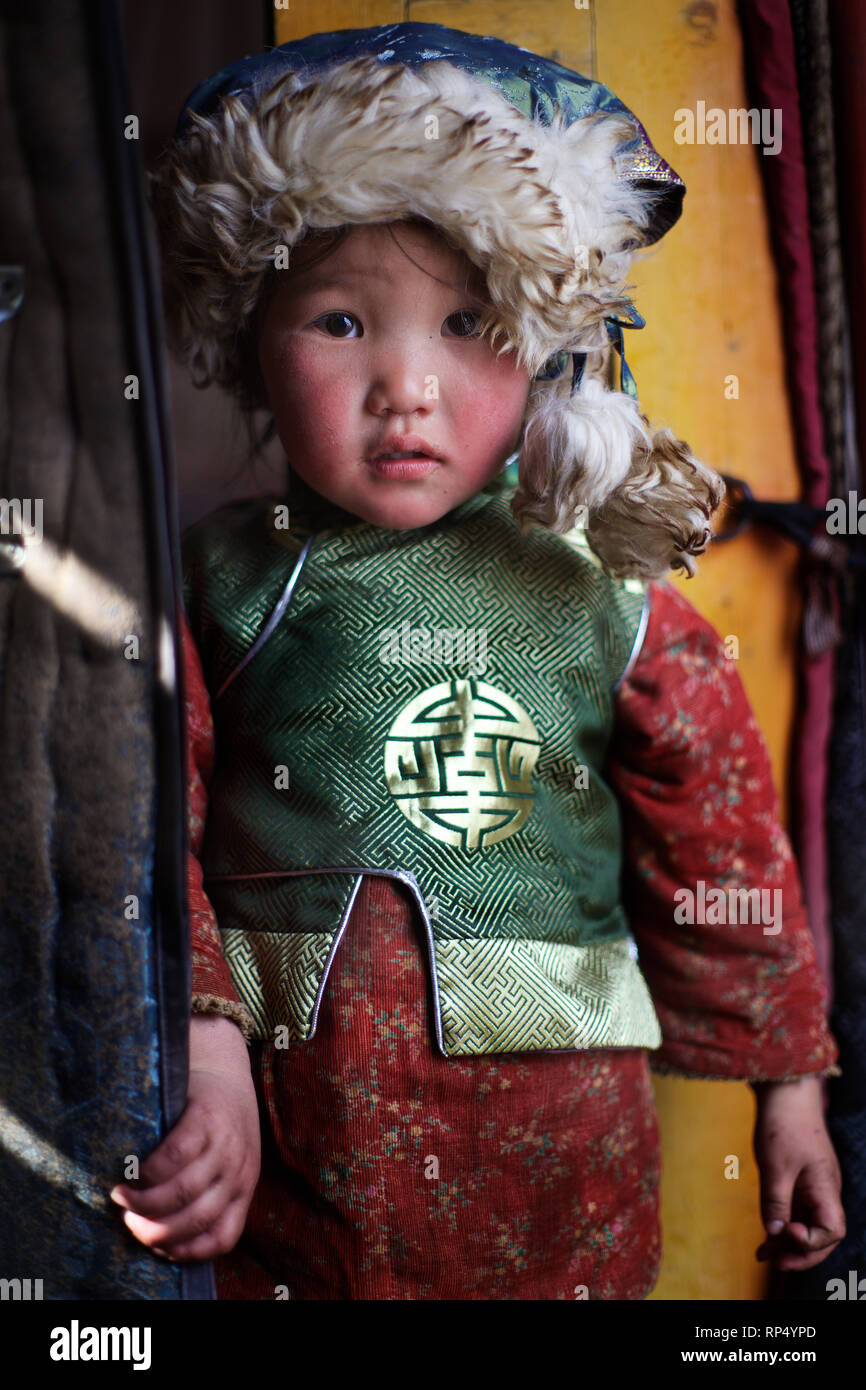 Bambino mongolo, Tov aimag, Mongolia Foto Stock