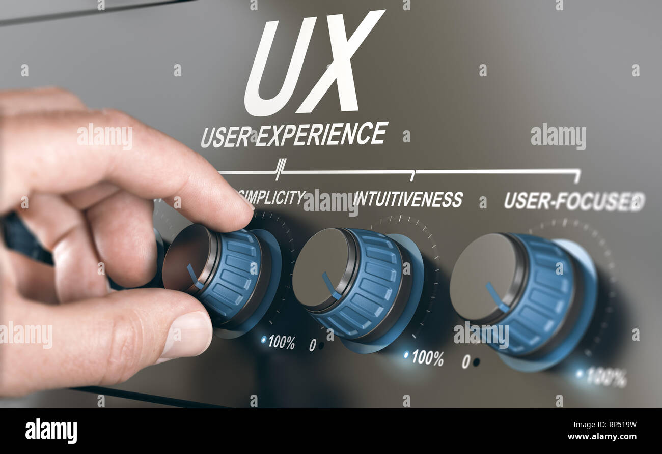 L'uomo ruotando una manopola per regolare i parametri di UX. Esperienza utente di concetto Foto Stock