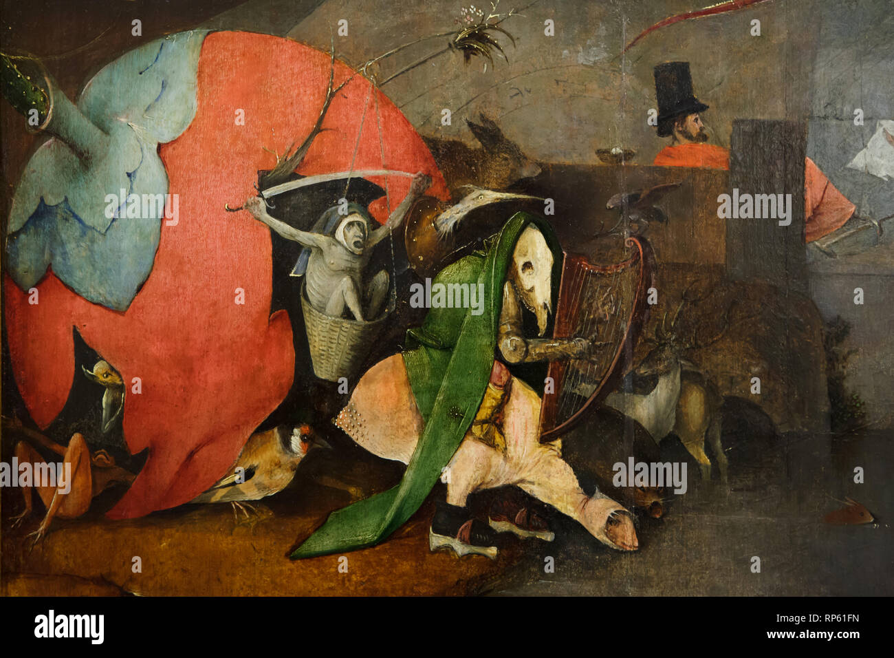 Dettaglio dell'altare trittico "Tentazione di Sant Antonio' olandese da pittore rinascimentale Hieronymus Bosch (1490-1500) in mostra al Museo Nazionale di Arte Antica (Museu Nacional de Arte Antiga) a Lisbona, Portogallo. Foto Stock