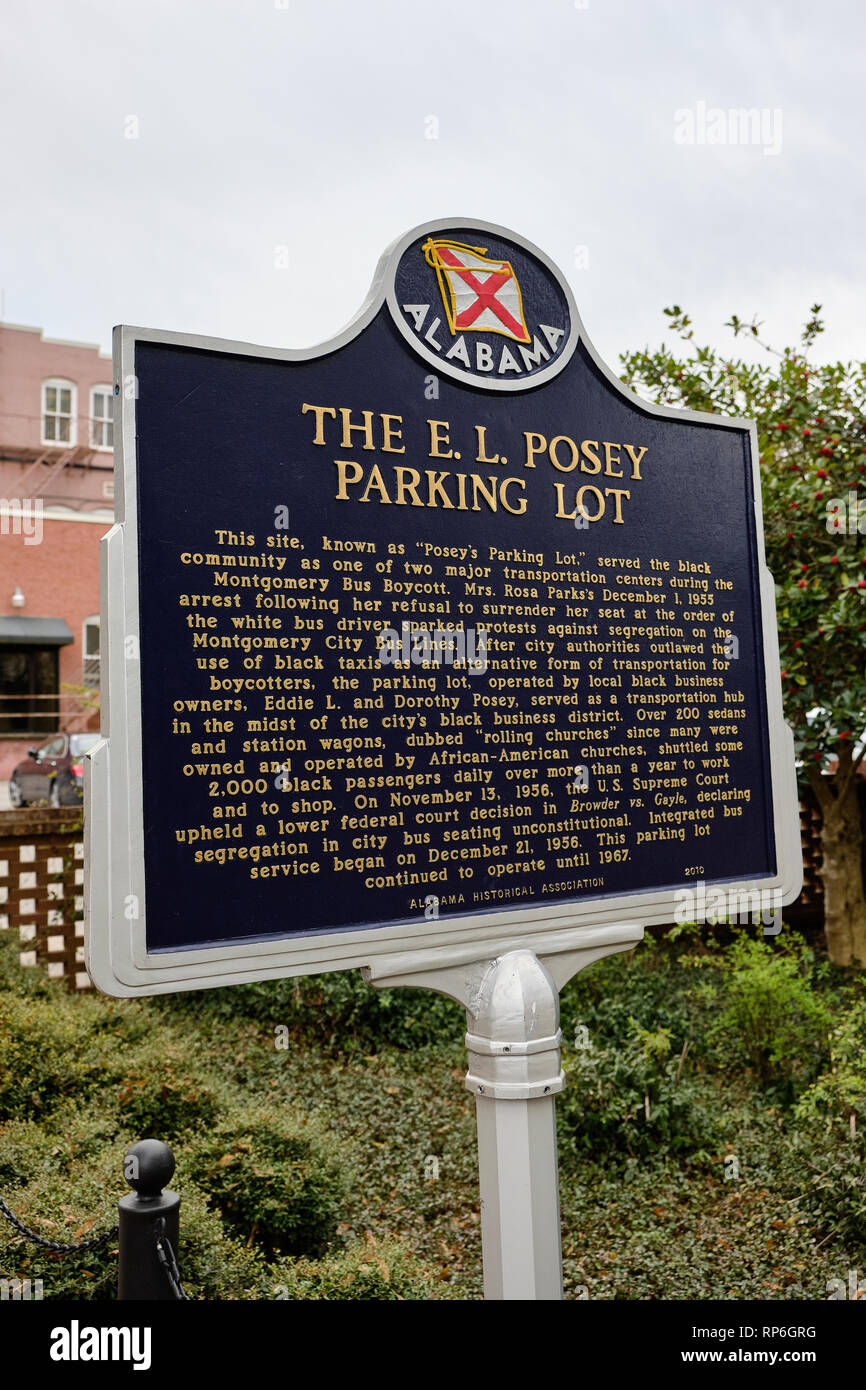 Marcatore di storico per la E L Posey parcheggio o Posey proprio parcheggio per i diritti civili dei landmark a Montgomery in Alabama USA. Foto Stock