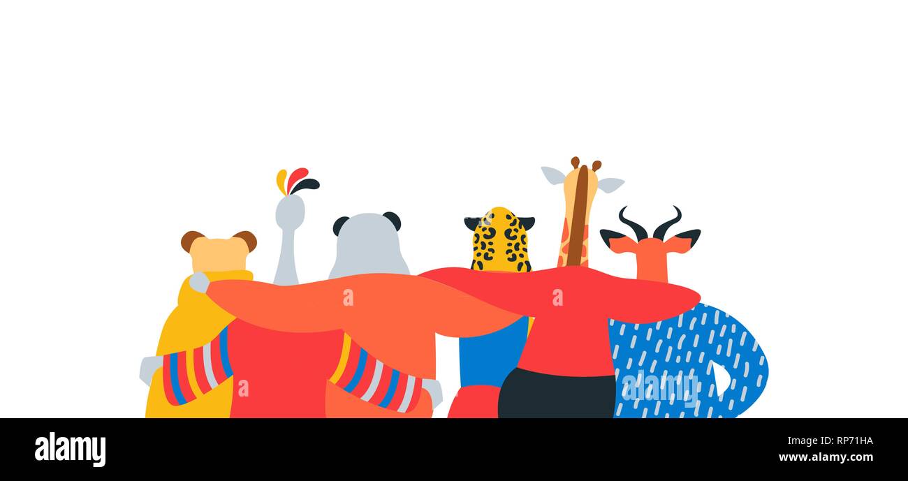 Varie Gruppo di amici degli animali selvatici abbracciando insieme. Banner illustrazione per animali in pericolo la conservazione e la protezione del concetto. Lion, bird, pand Illustrazione Vettoriale