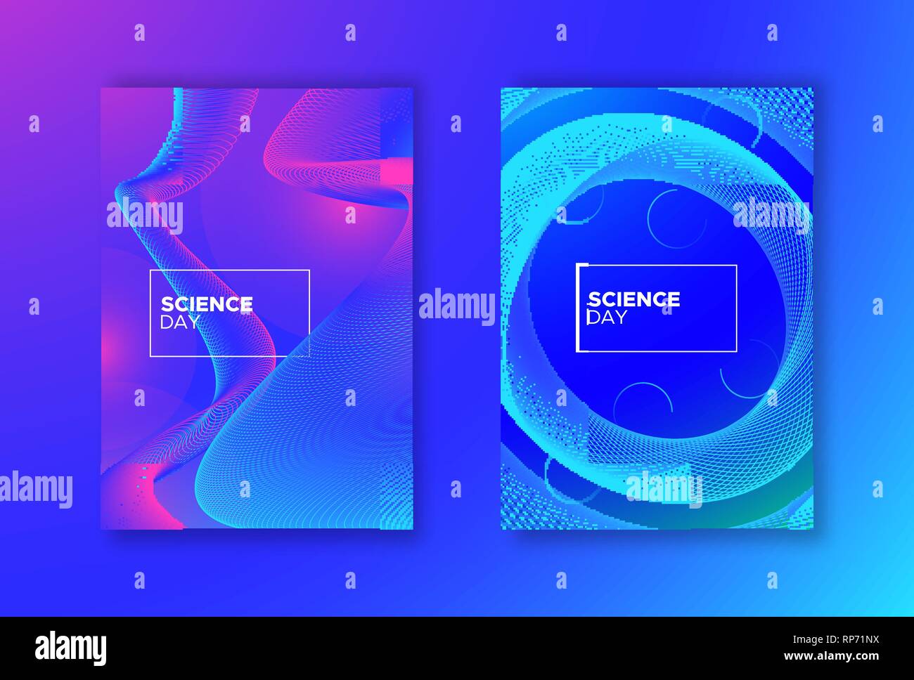 Giornata della scienza sfondo astratto set. Blu e rosa gradiente dello sfondo con forme geometriche per la ricerca scientifica del concetto. Illustrazione Vettoriale